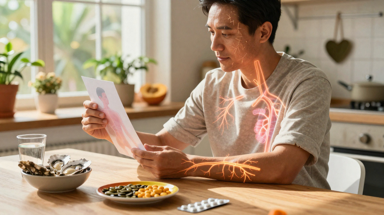 Homem sentado à mesa a analisar informação sobre o sistema respiratório e nervoso, com alimentos e medicamentos à frente.