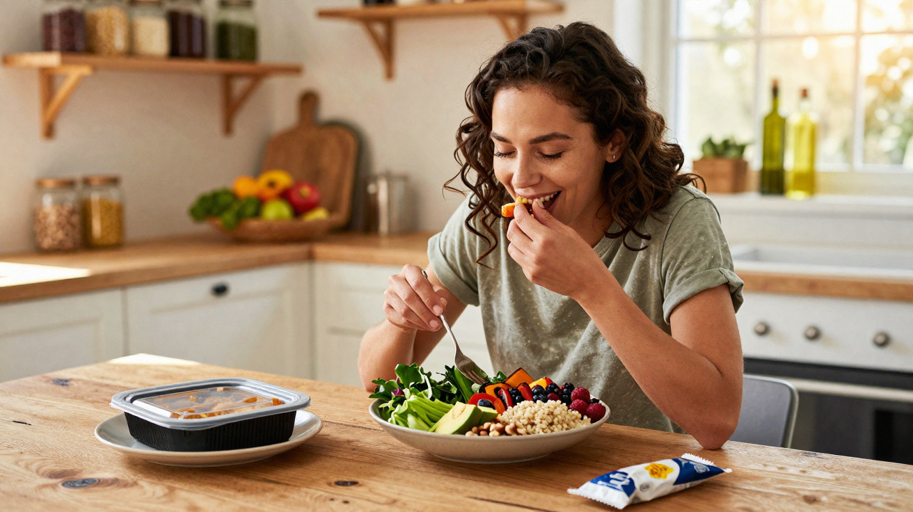 Mulher a comer um prato saudável com salada, frutas e cereais, sentada à mesa de cozinha luminosa.