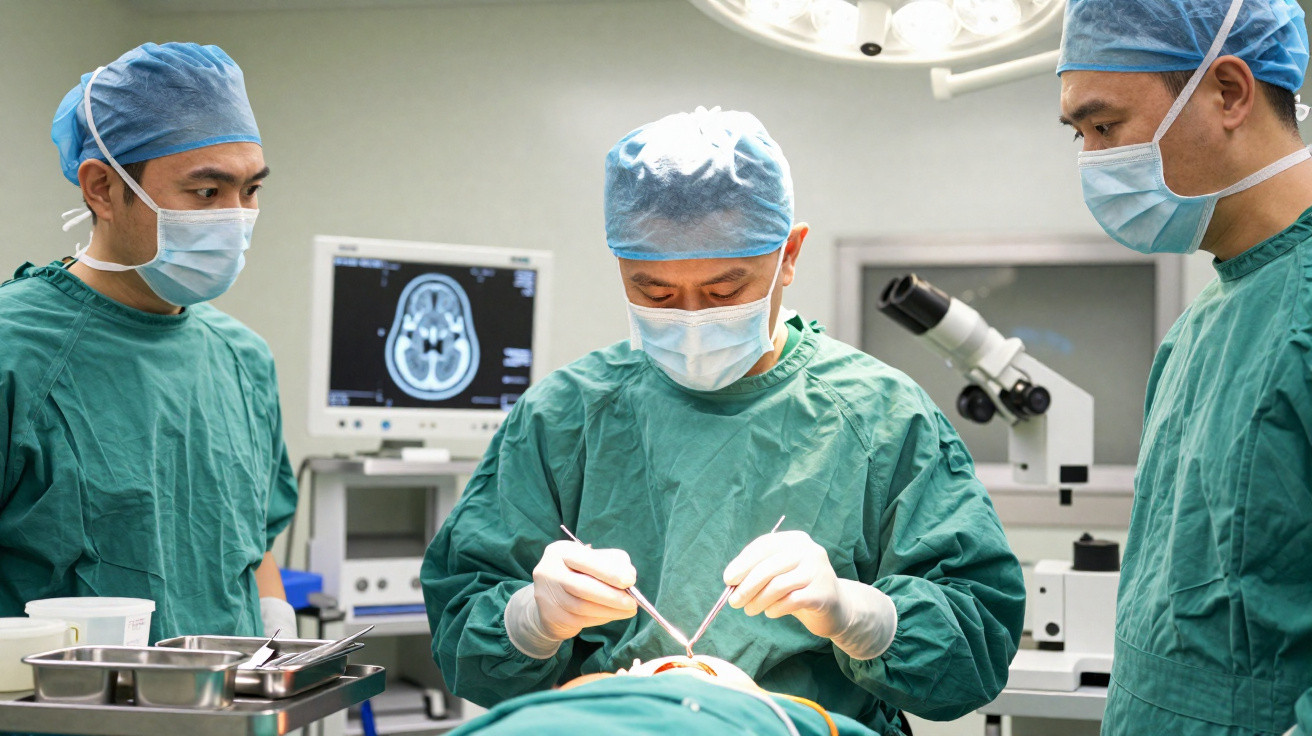 Cirurgiões em máscara e traje operatório a realizar cirurgia em sala com equipamento médico avançado.