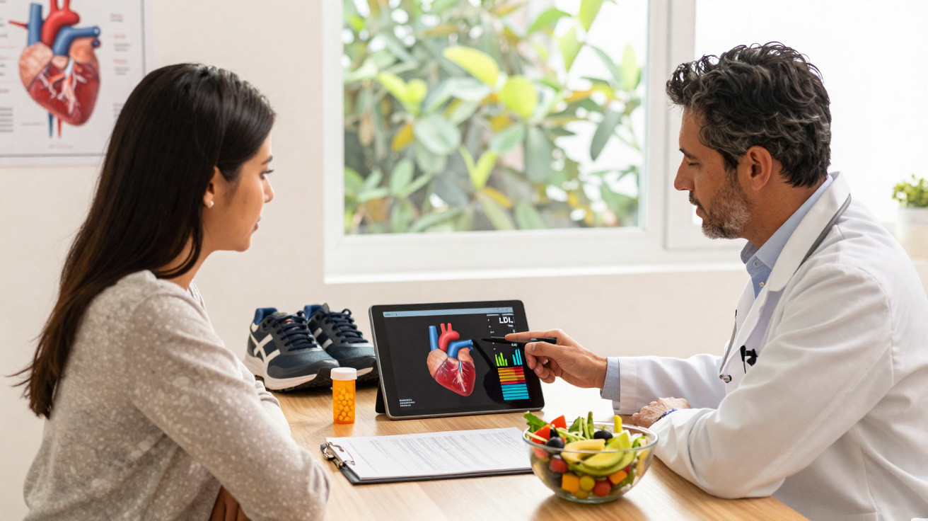 Médico explica exames cardíacos a paciente numa consulta, com tablet, documento, medicamentos e fruta à mesa.