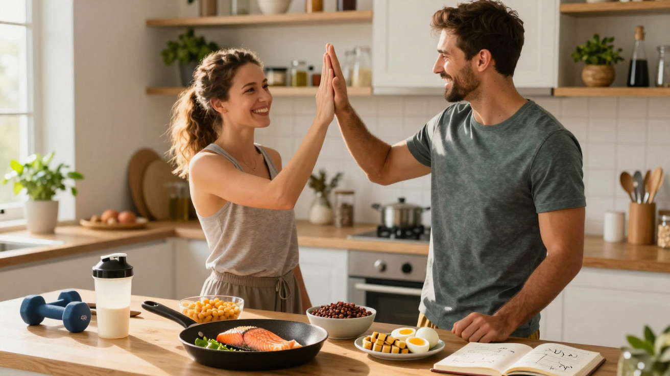Casal feliz a dar um toque de mão na cozinha, com alimentos saudáveis e equipamento de treino à sua frente.