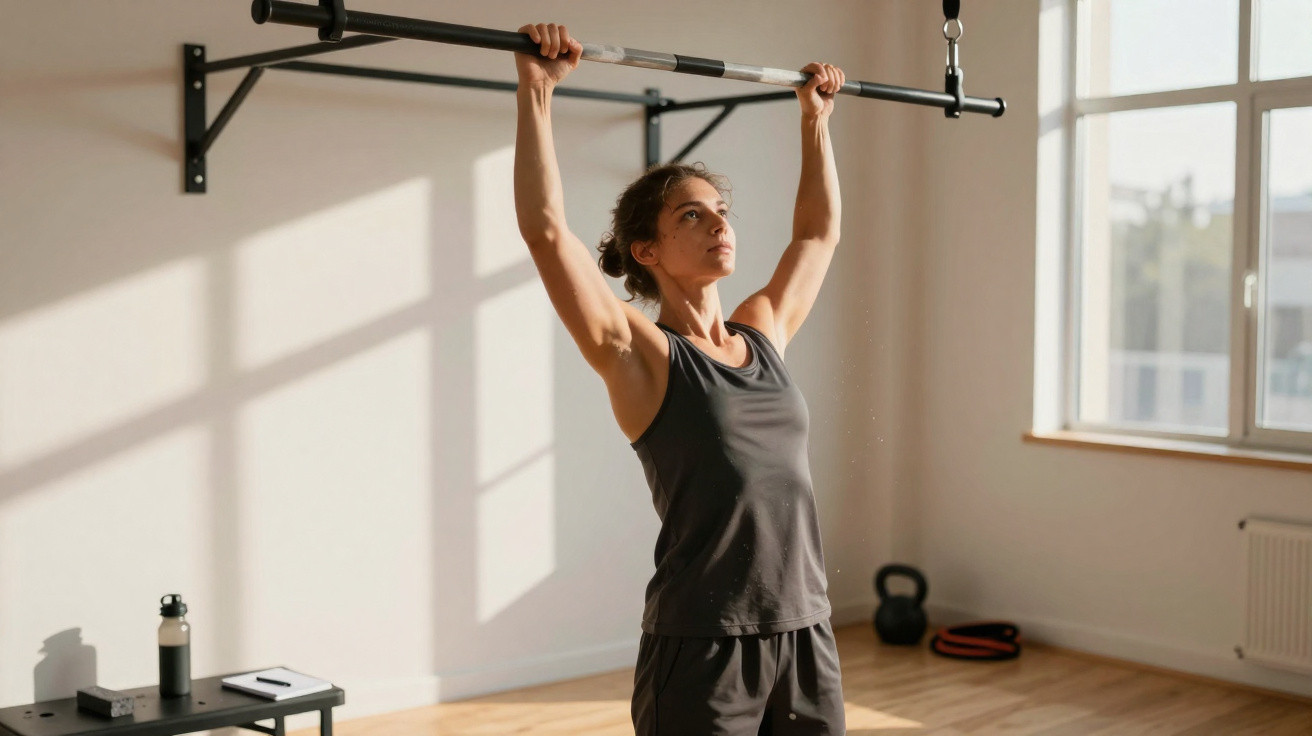 Mulher a fazer exercício de elevação numa barra fixa num espaço luminoso e minimalista.