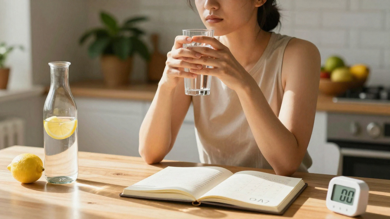 Mulher sentada à mesa a beber água, com livro aberto e jarro com limão na cozinha.
