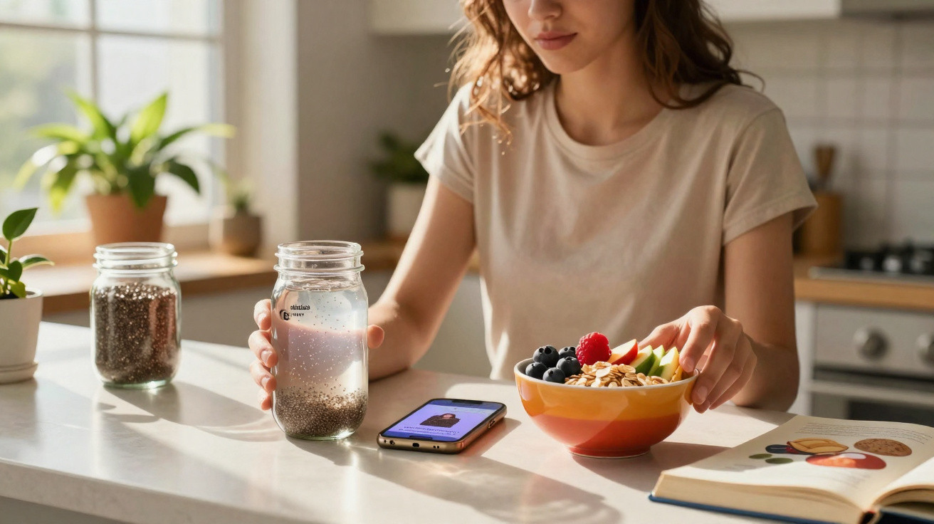 Mulher sentada a tomar pequeno-almoço saudável com frutos e sementes, e a beber água num copo de vidro.