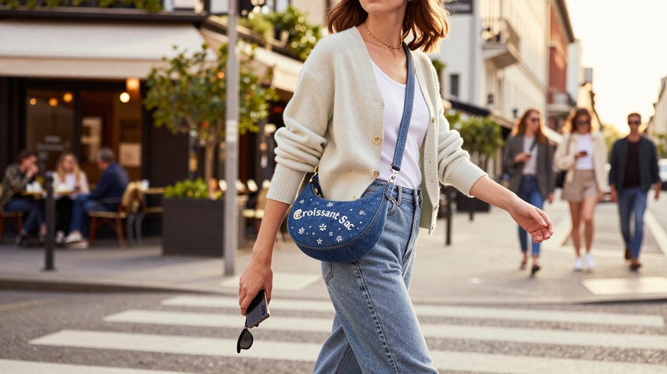 Mulher a atravessar passadeira com jeans, camisola clara e mochila azul na cidade durante o dia.