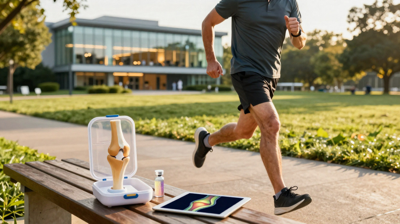 Pessoa a correr num parque perto de banco com modelo anatómico de joelho e tablet.
