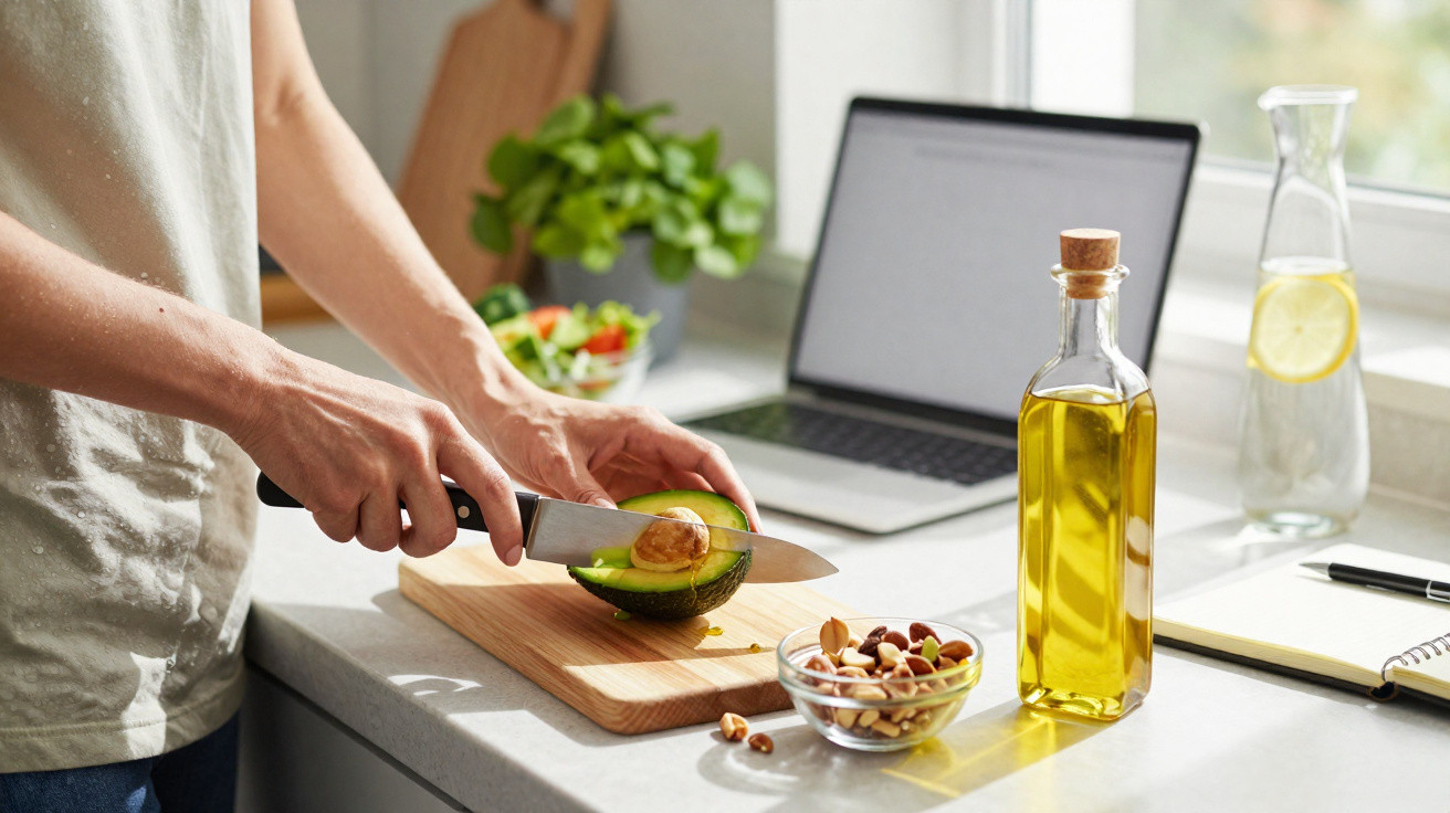 Pessoa a cortar abacate numa tábua de cozinha com frutos secos, garrafa de azeite e computador portátil à frente.