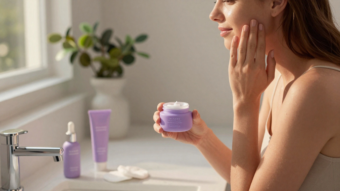 Mulher aplica creme hidratante num ambiente claro, com produtos de cuidados na bancada perto da janela.