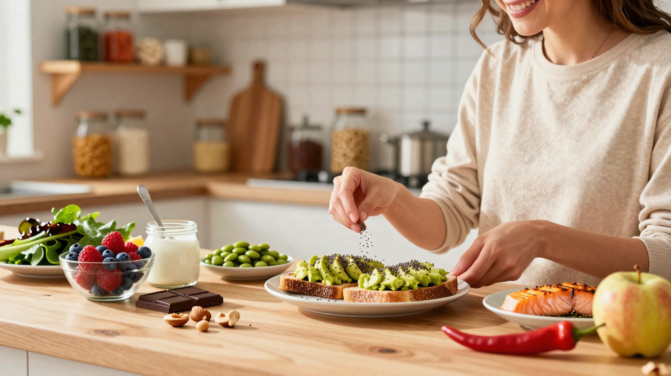 Mulher a temperar torradas com abacate numa cozinha com alimentos saudáveis numa mesa de madeira.