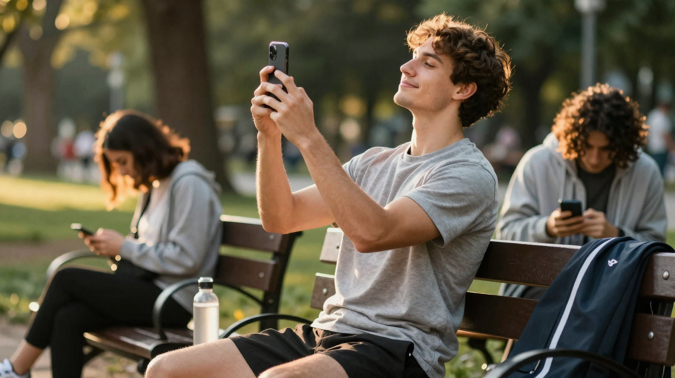 Jovem sentado num banco no parque a tirar selfie com telemóvel, outras duas pessoas ao fundo também usam telemóveis.