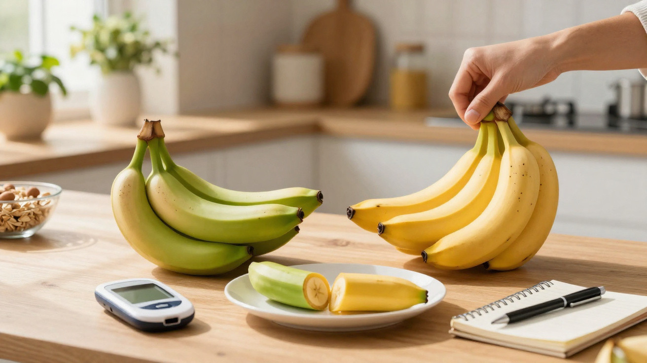 Mãos seguram bananas maduras ao lado de bananas verdes e fatias de banana numa colher numa cozinha iluminada.