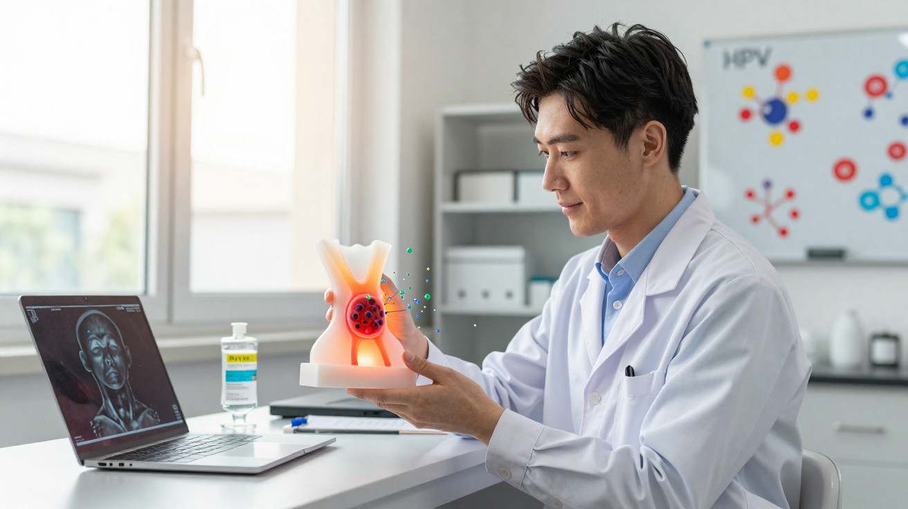 Médico em jaleco analisa modelo 3D de célula em consultório com computador e quadro científico atrás.