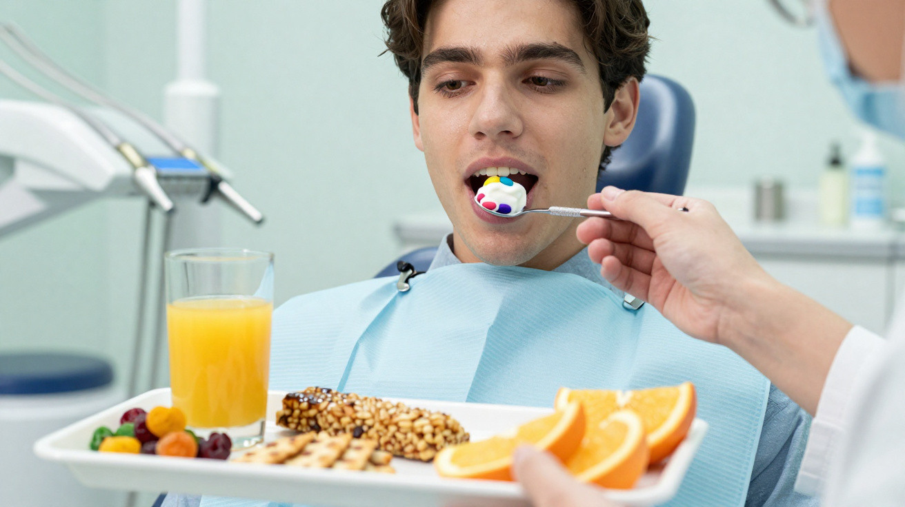 Paciente na cadeira do dentista recebe avaliação de cores dentárias com tabuleiro de alimentos e sumo de laranja.