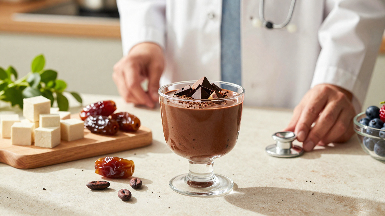 Taça de mousse de chocolate com pedaços de chocolate, tâmaras e cubos de açúcar, com médico ao fundo.