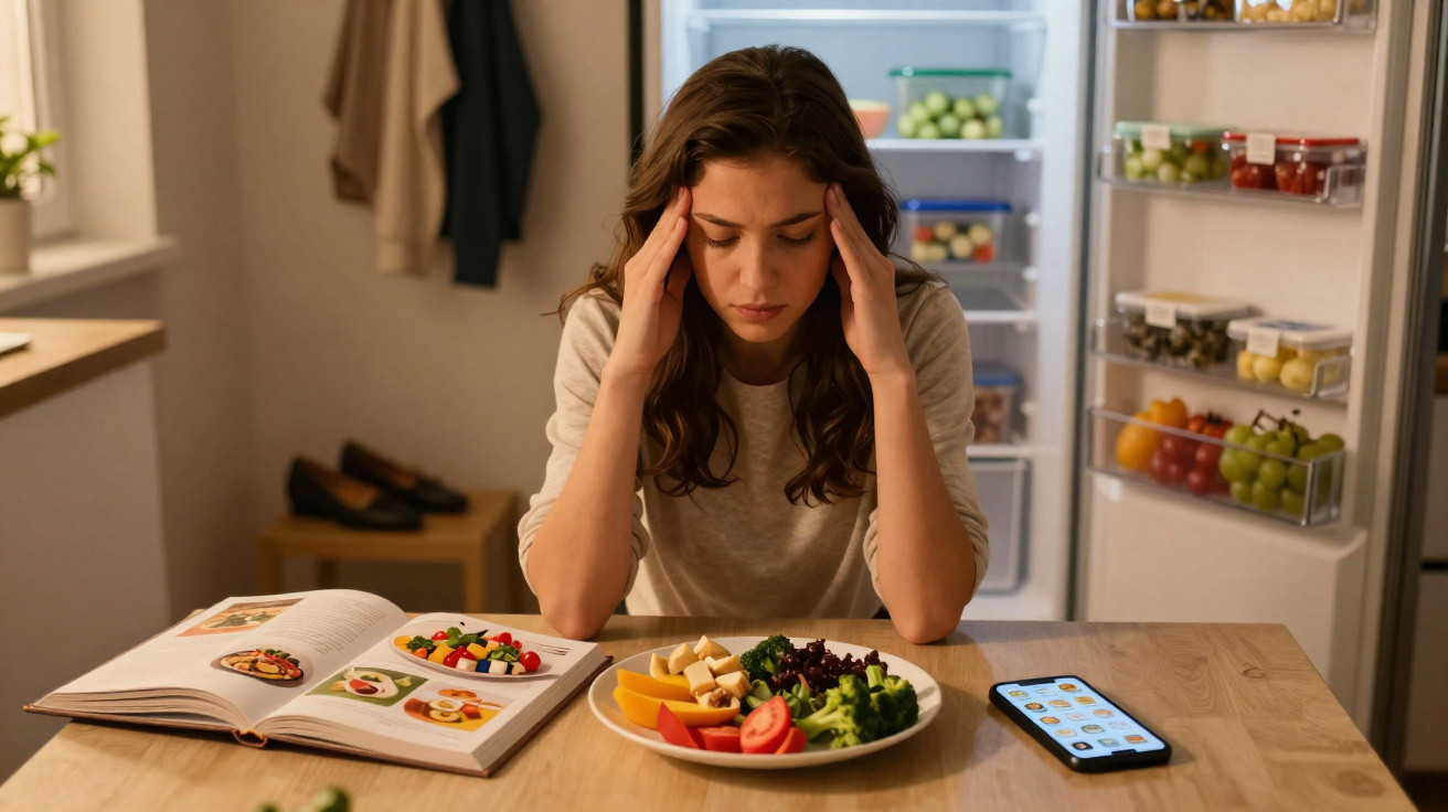 Mulher preocupada sentada à mesa com prato de legumes e livro de receitas aberto à sua frente.