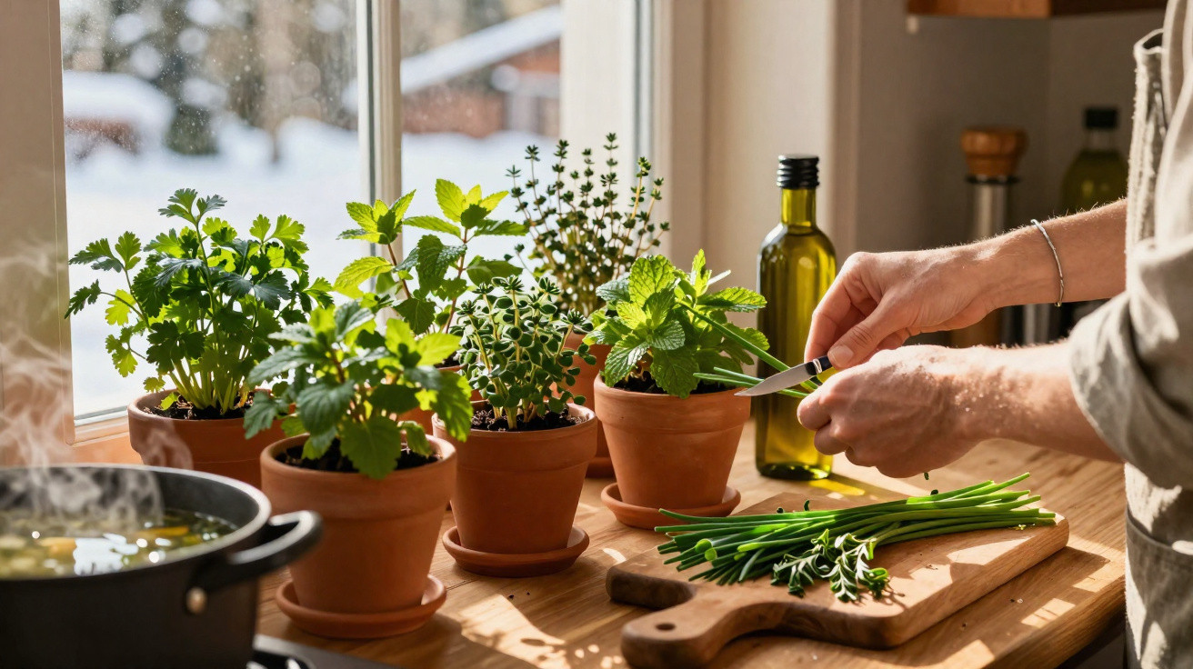 Pessoa a cortar ervas aromáticas em cozinha com plantas em vasos num peitoril de janela ensolarado.