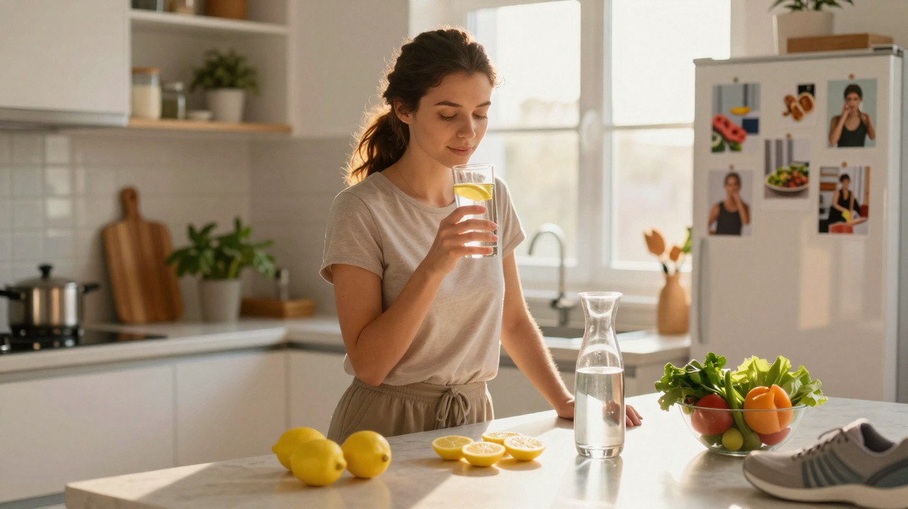 Mulher a beber um copo de água com limão numa cozinha luminosa, ao lado de frutas e legumes frescos.