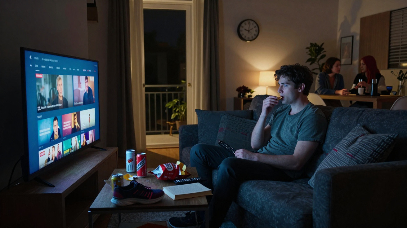 Homem sentado no sofá a ver televisão e a comer snacks numa sala à noite, com duas mulheres ao fundo.