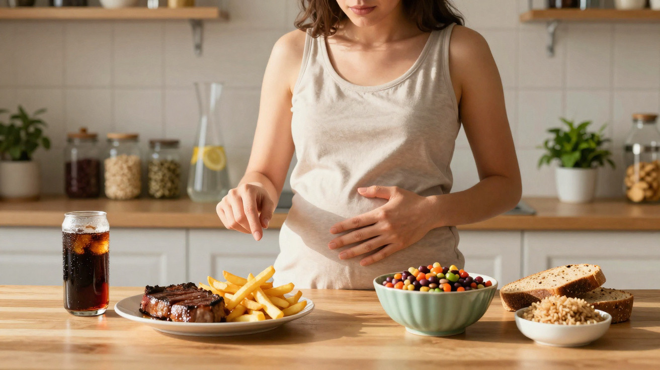 Mulher grávida hesita entre comida pouco saudável e opções mais nutritivas na cozinha.