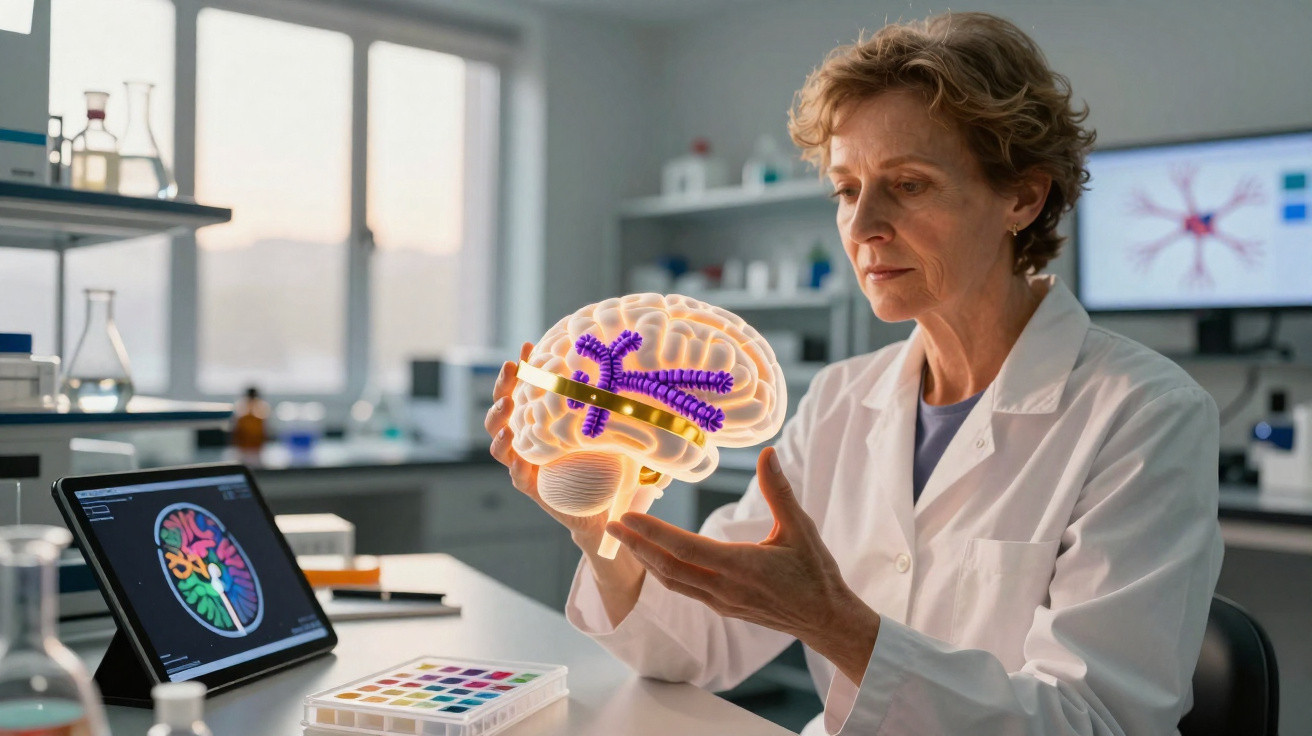 Cientista em laboratório a analisar modelo holográfico colorido do cérebro humano com tablet ao lado.