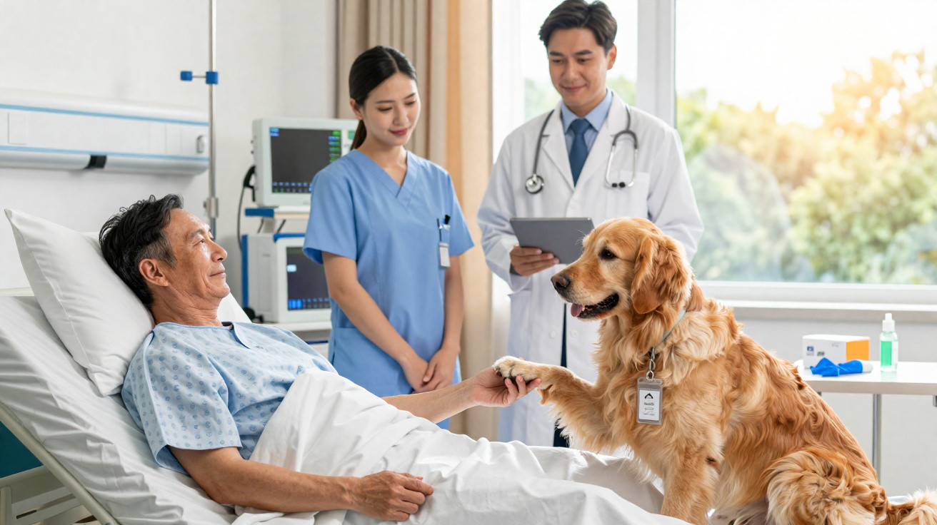 Paciente hospitalizado a apertar a pata a cão de terapia, com enfermeira e médico a observar ao fundo.