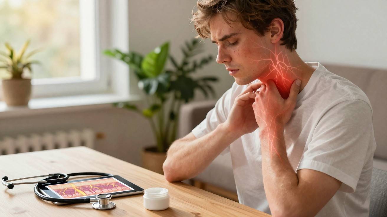 Homem com expressão de dor a tocar o pescoço inflamado, junto a mesa com estetoscópio e tablet médico.