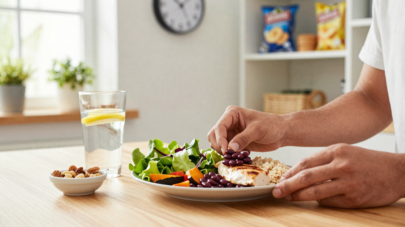 Pessoa a servir feijão tinto num prato com salada, arroz, frango grelhado e legumes, numa mesa com copo de água e frutos seco