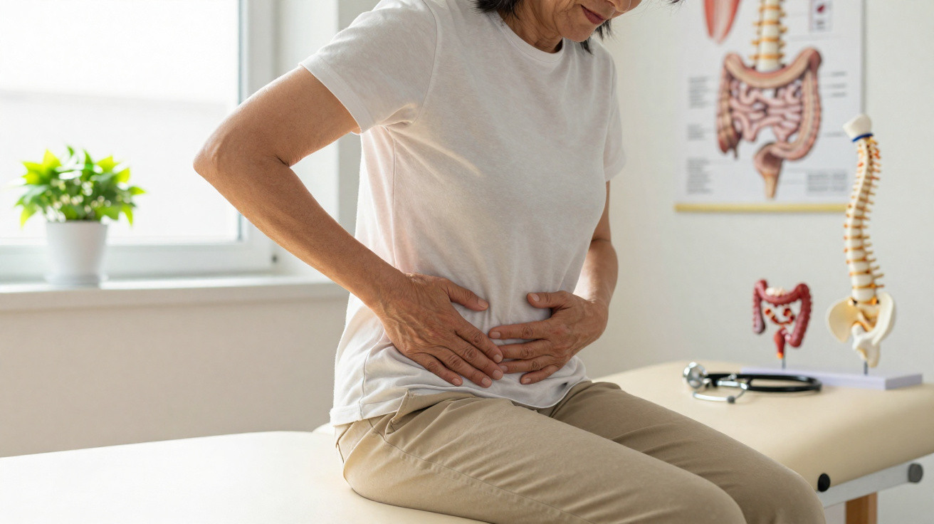 Mulher sentada numa clínica a segurar o abdómen, aparentando dor abdominal.