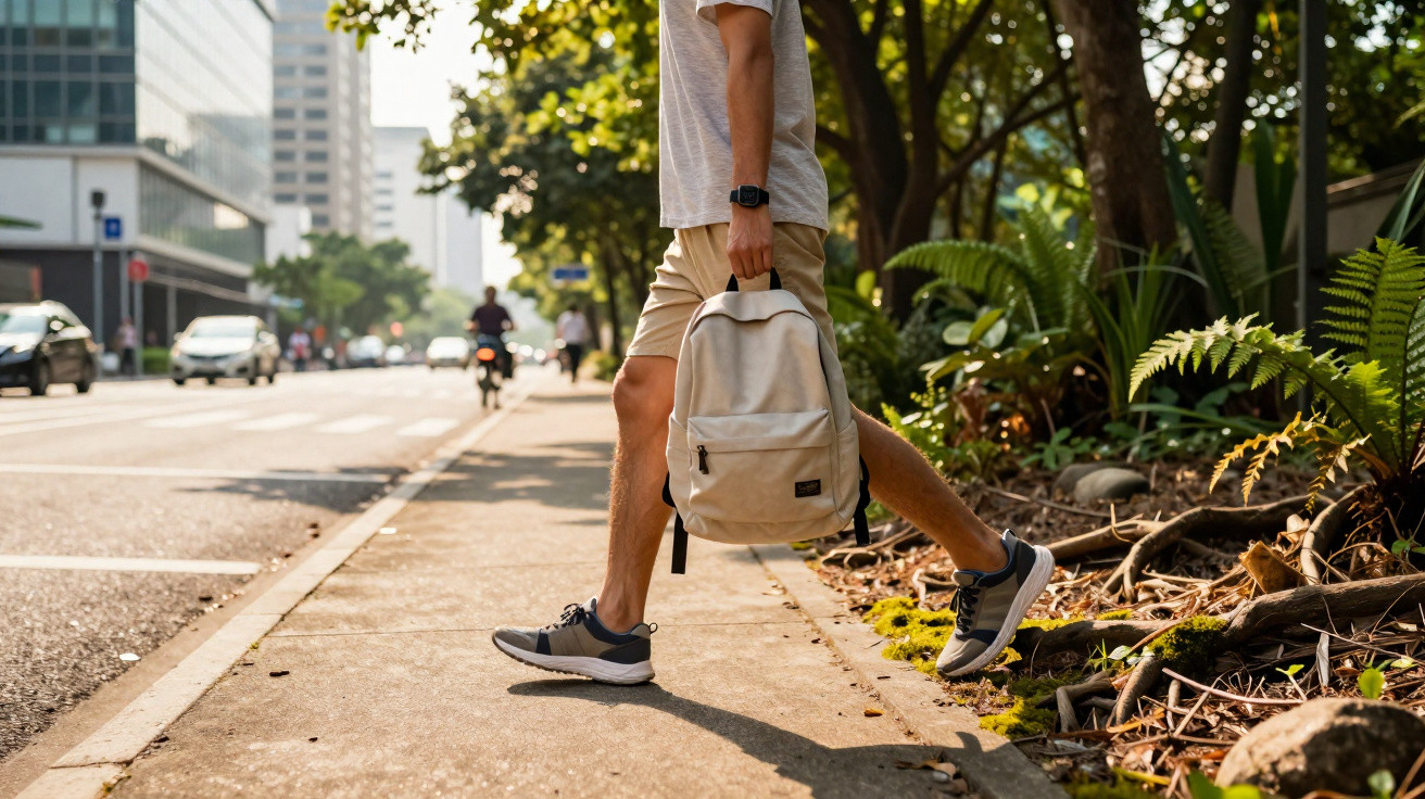 Pessoa com mochila a vermelho a atravessar uma calçada em dia solarengo, com árvores e edifícios ao fundo.