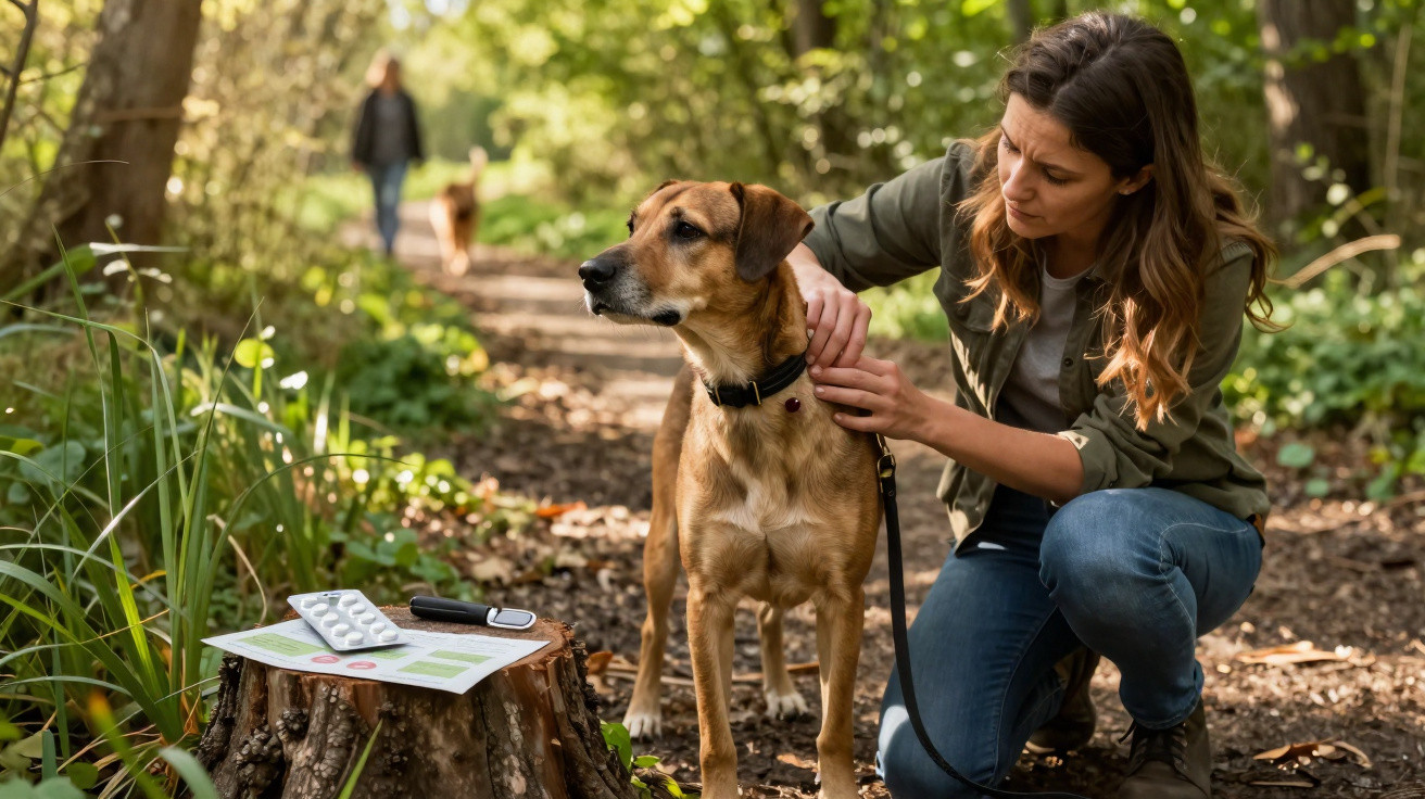 Mulher verifica colar de cão castanho durante caminhada numa floresta com outra pessoa e cão ao fundo.