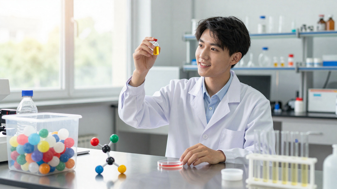 Jovem cientista sorri enquanto segura frasco com líquido amarelo num laboratório moderno.