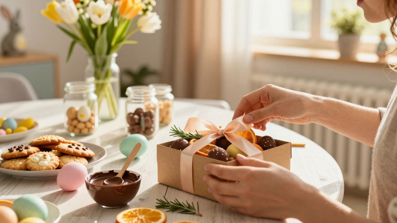 Pessoa a decorar uma caixa de chocolates com laço cor-de-rosa numa mesa com flores e doces de Páscoa.