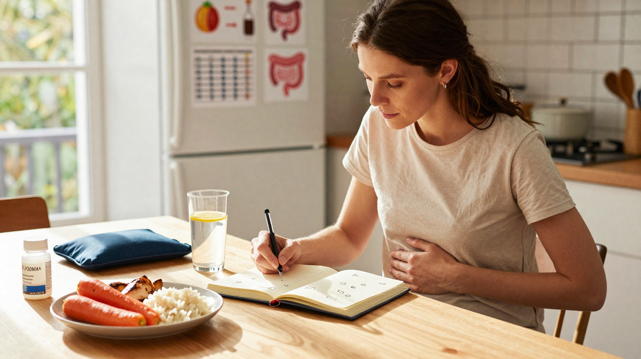 Mulher sentada à mesa com comida saudável, a beber água e a escrever num caderno segurando o estômago.