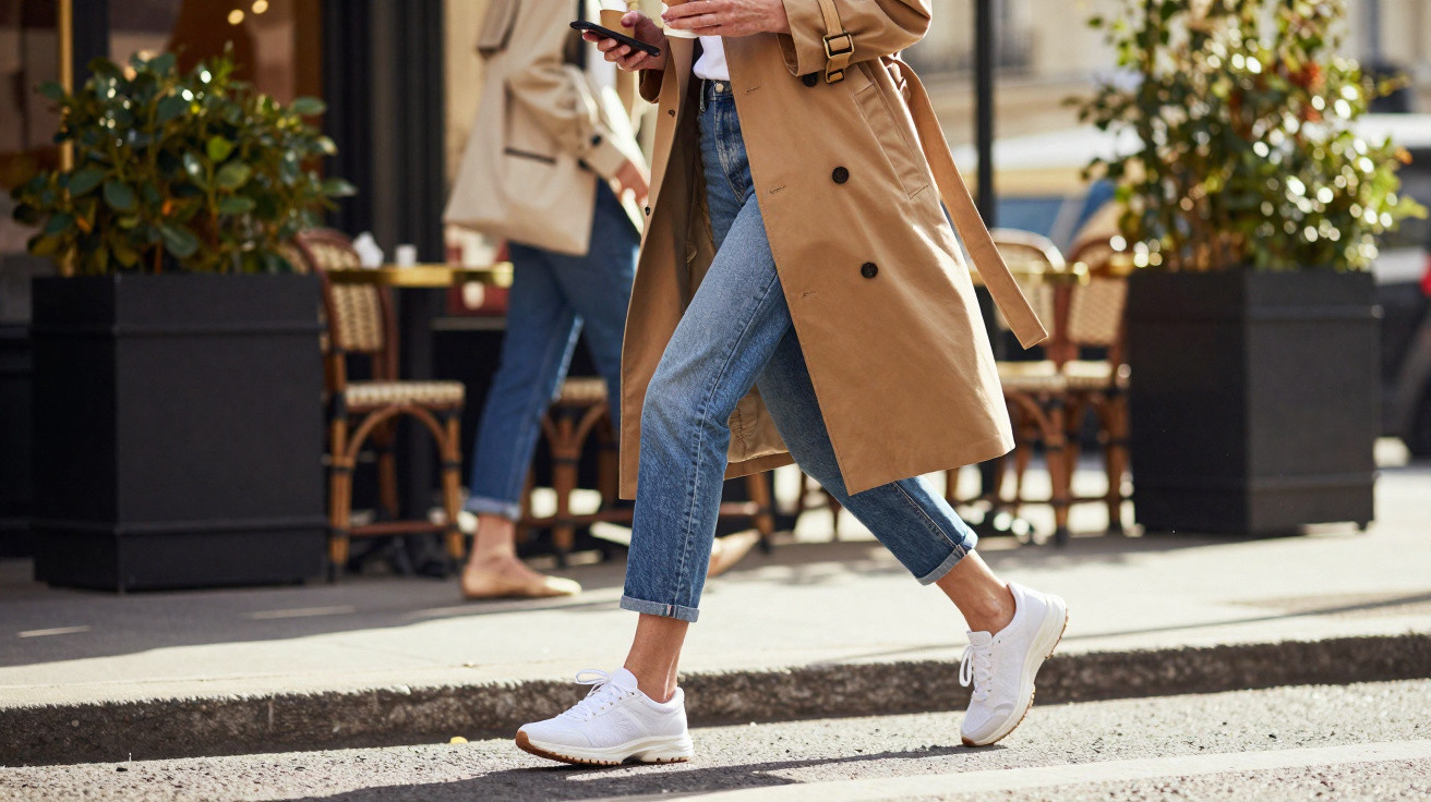 Pessoa de casaco bege e jeans a atravessar rua com telemóvel na mão perto de café ao ar livre.