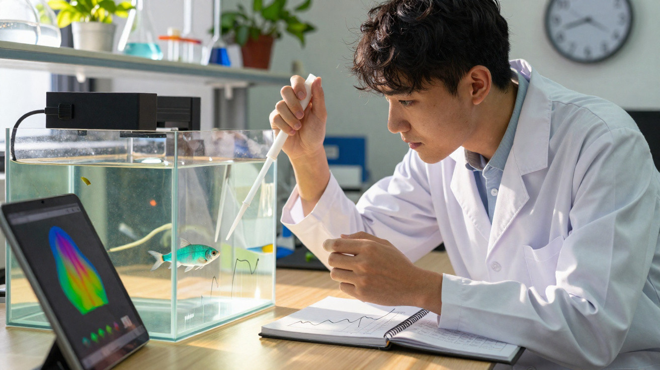 Cientista a estudar peixe num aquário usando pipeta, com tablet e notas numa bancada de laboratório.