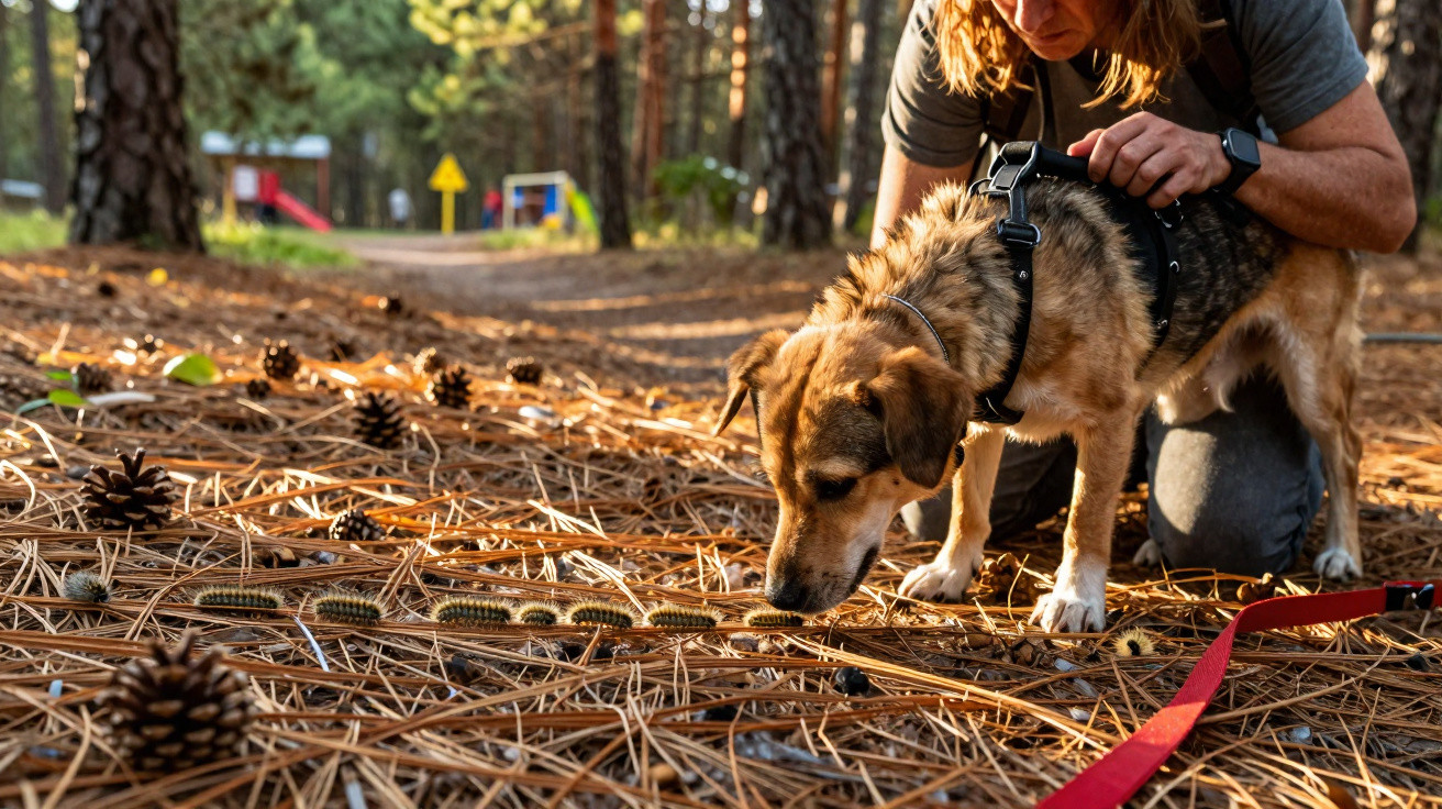 Cão com coleira observa múltiplas lagartas no chão coberto de pinhas e agulhas de pinheiro na floresta.