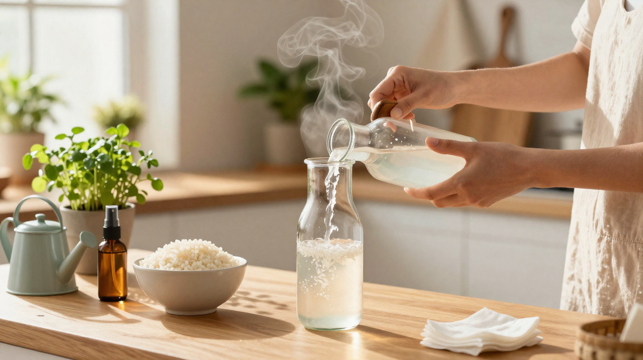 Pessoa a verter líquido quente numa jarra, numa cozinha iluminada com plantas e arroz numa taça.