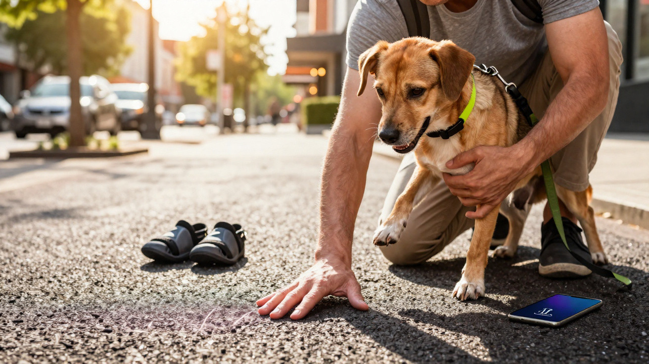 Pessoa com cão numa rua urbana, prestes a desenhar ou escrever no chão com giz colorido.