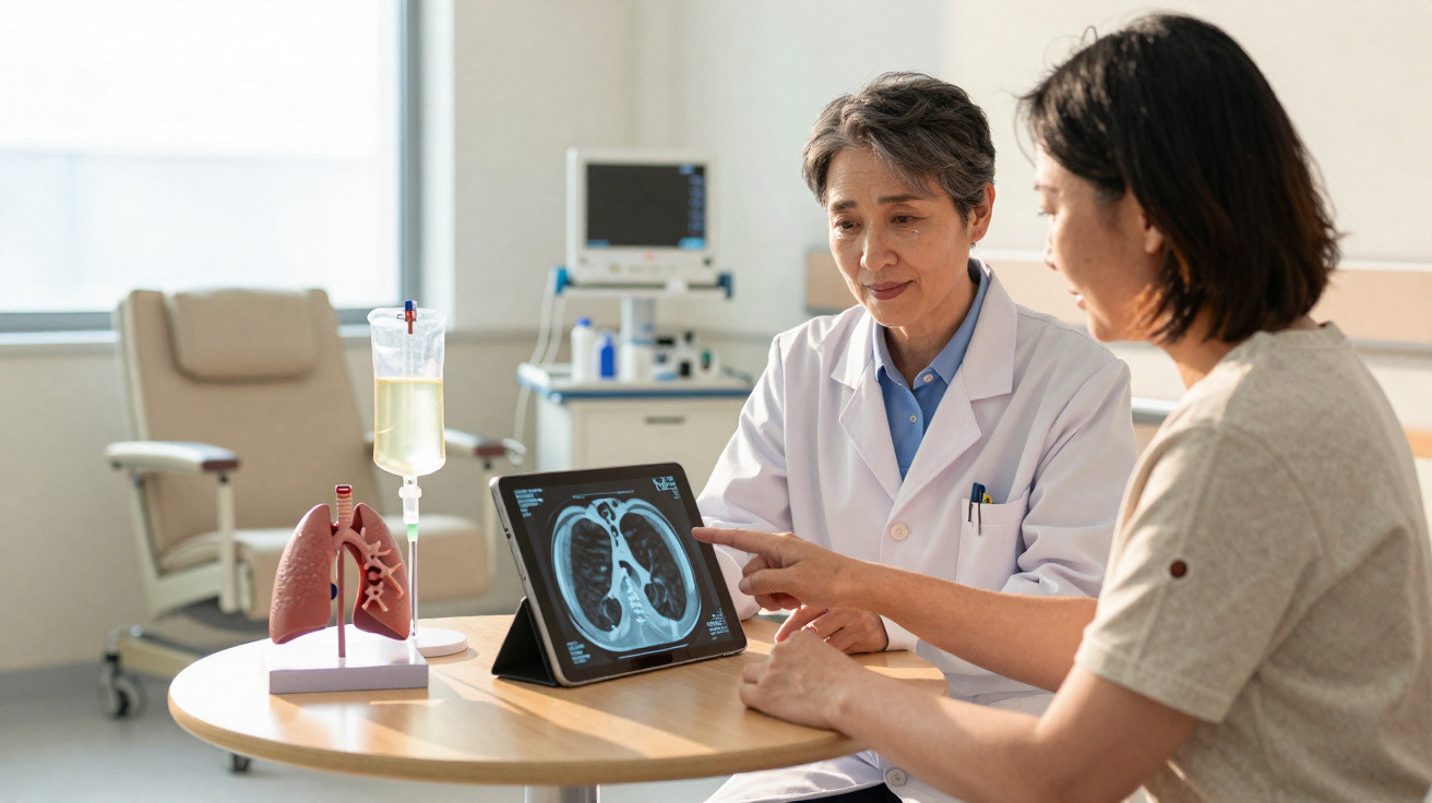 Médica e paciente discutem radiografia pulmonar num consultório com modelo de pulmão e seringa de fluidos.