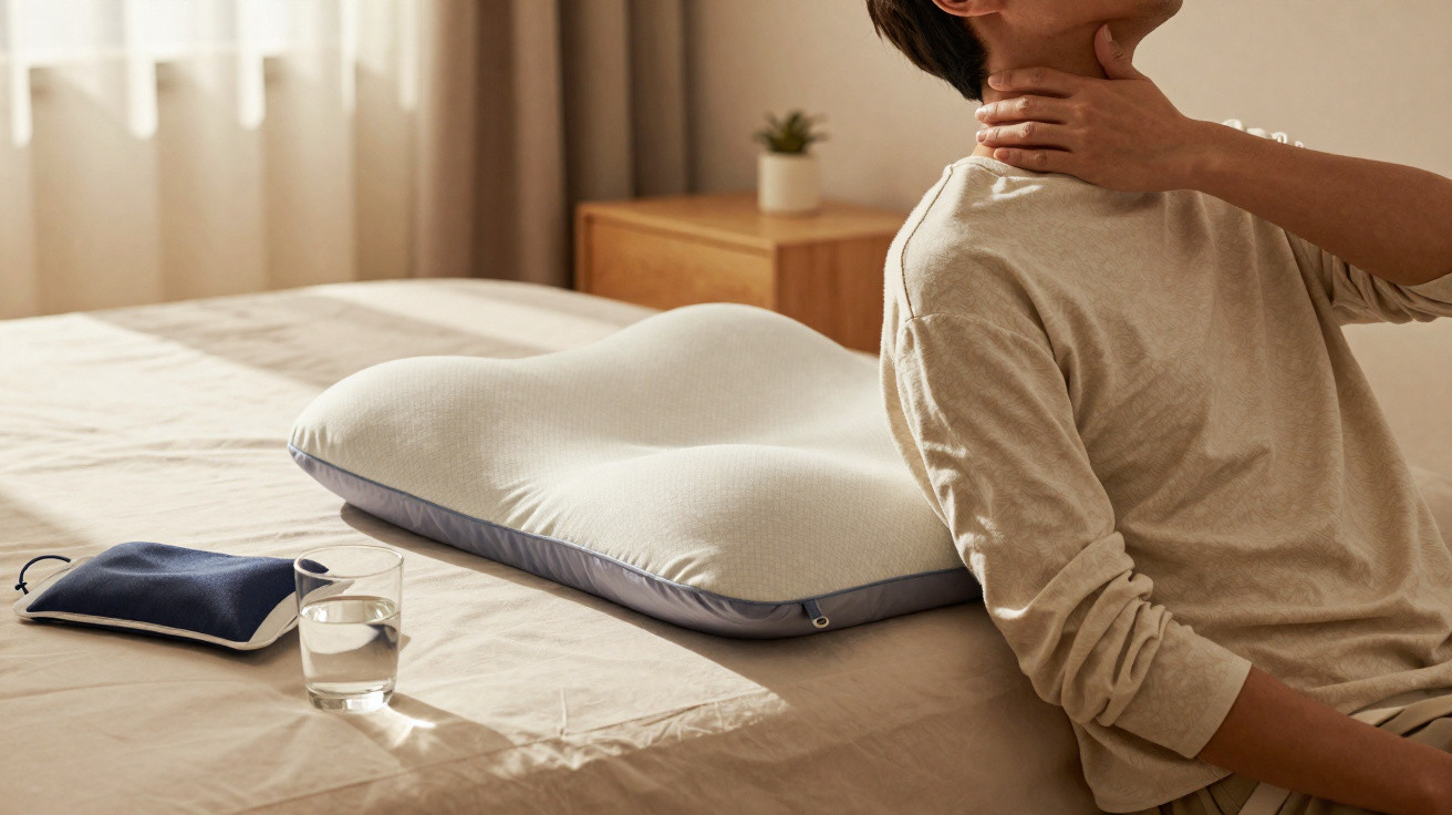 Pessoa sentada na cama, a aliviar dor no pescoço, junto a almofada ergonómica, copo de água e bolsa térmica.
