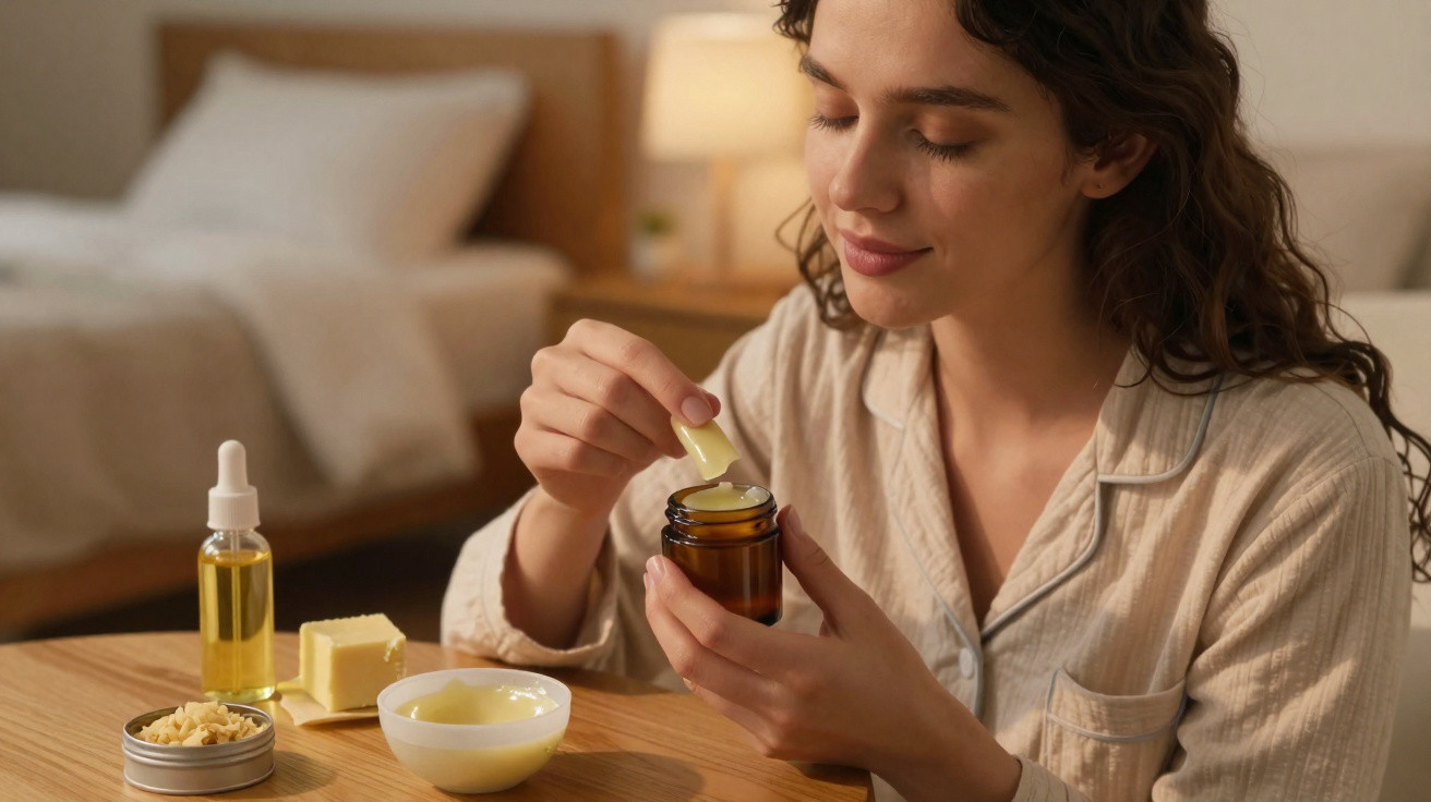 Mulher a preparar bálsamo caseiro com ingredientes naturais numa mesa acolhedora dentro de casa.