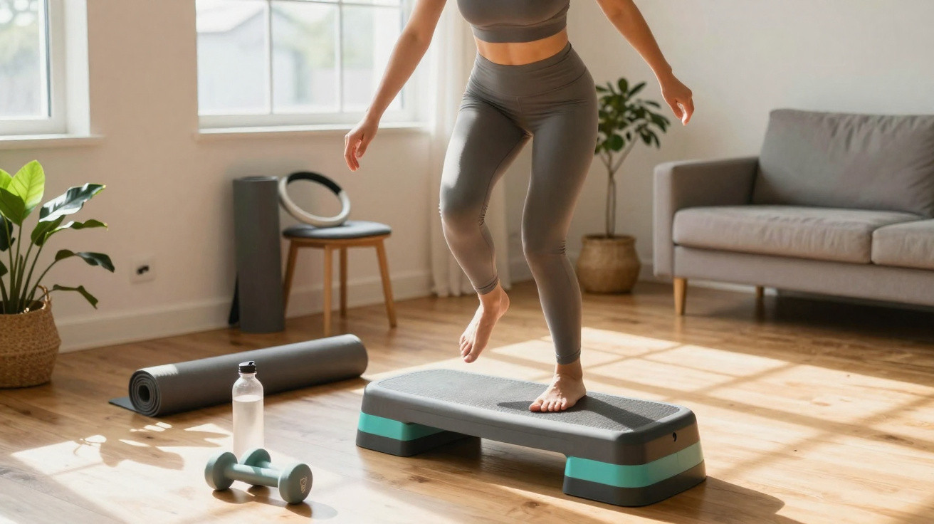 Pessoa a fazer exercício de step up em casa, rodeada de equipamento de fitness e luz natural.