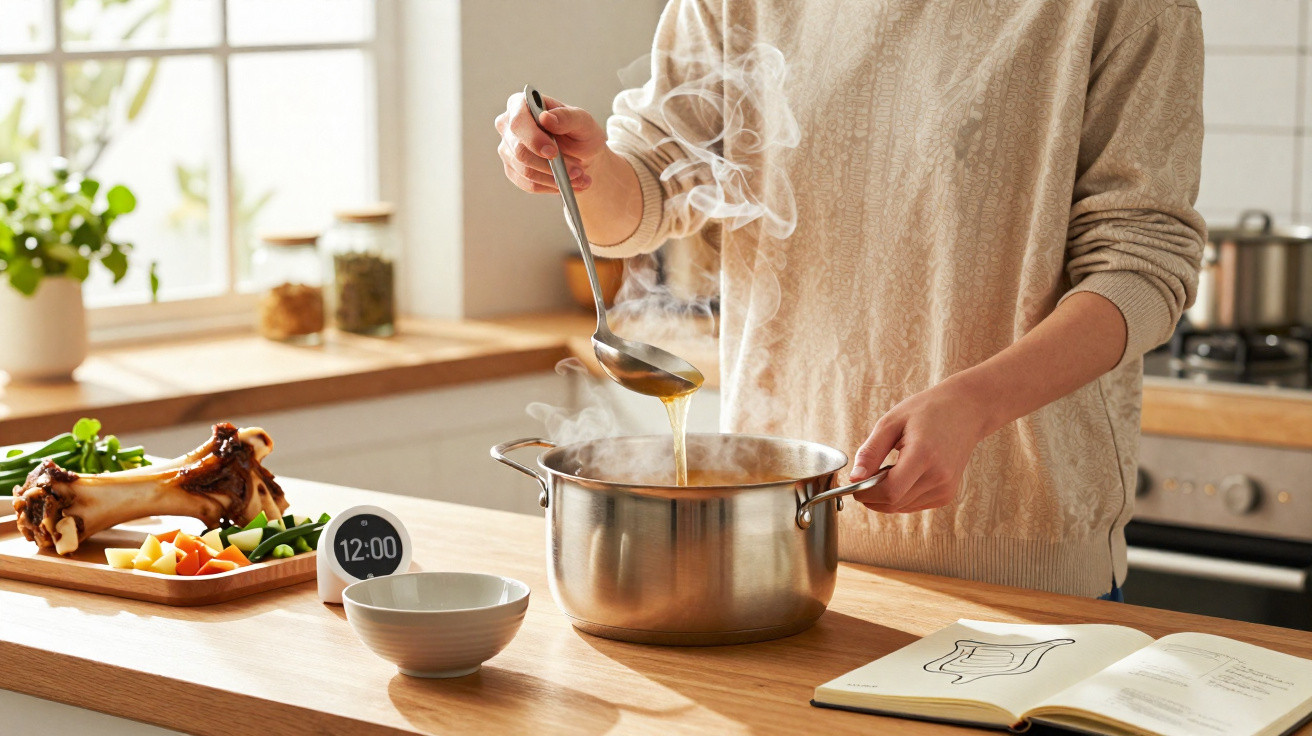 Pessoa a cozinhar em panela fumegante na cozinha, com legumes e livro de receitas na bancada.
