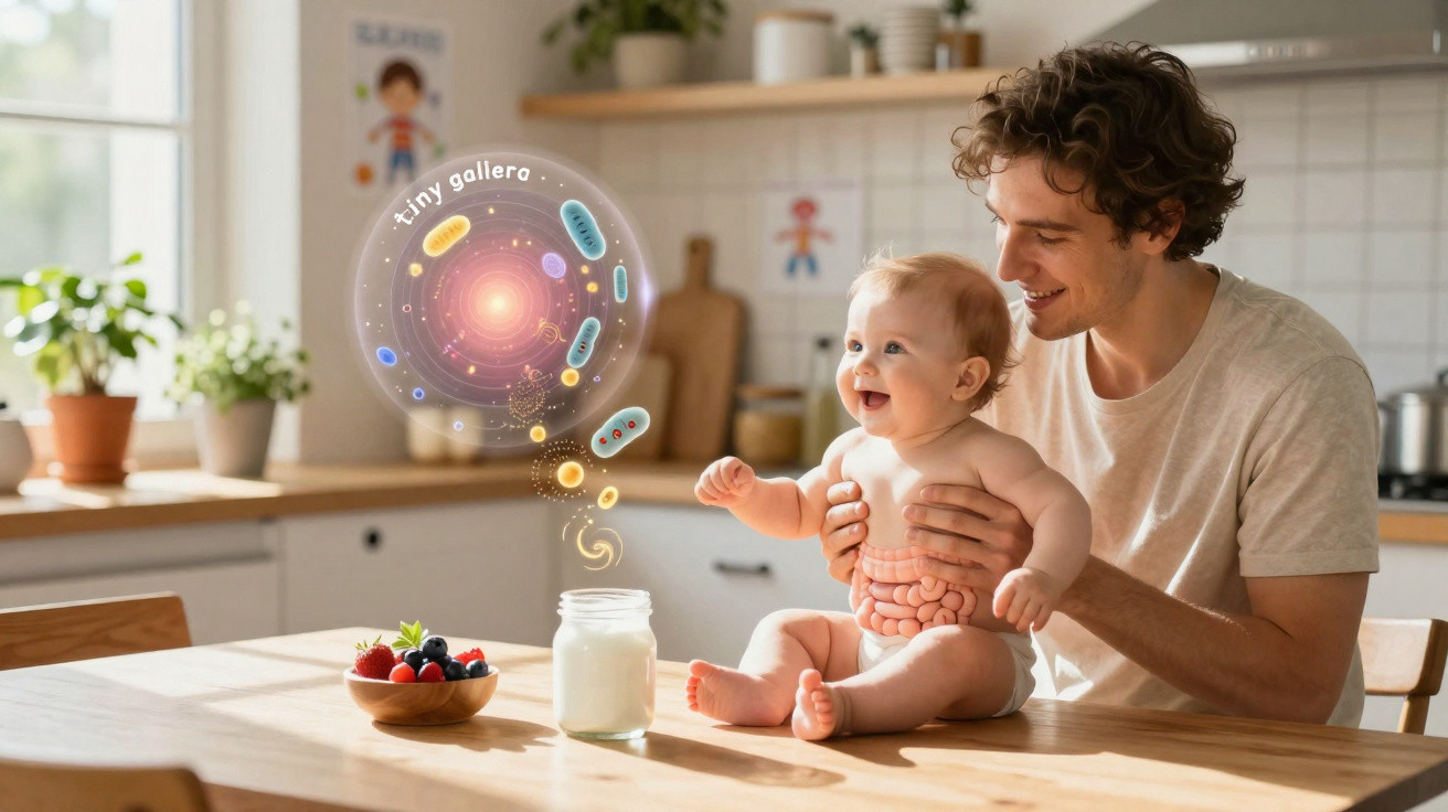 Pai segura bebé na cozinha, com ilustração de micro-organismos e intestinos destacados no bebé.