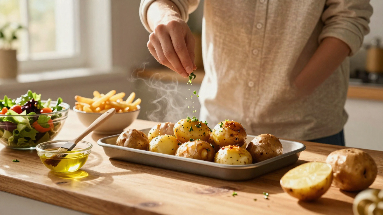 Pessoa a salpicar ervas aromáticas em batatas cozidas fumegantes numa tabuleiro na cozinha.