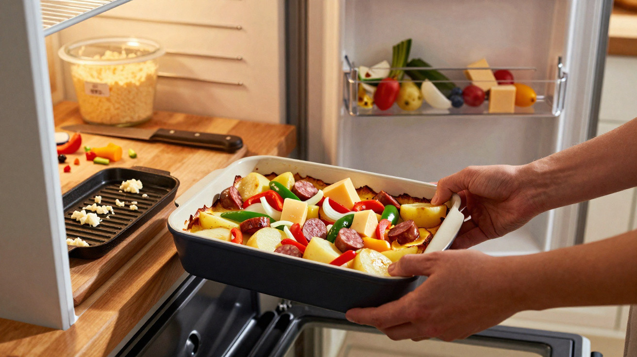 Pessoa a colocar tabuleiro com legumes, queijo e enchidos no forno de cozinha moderna.