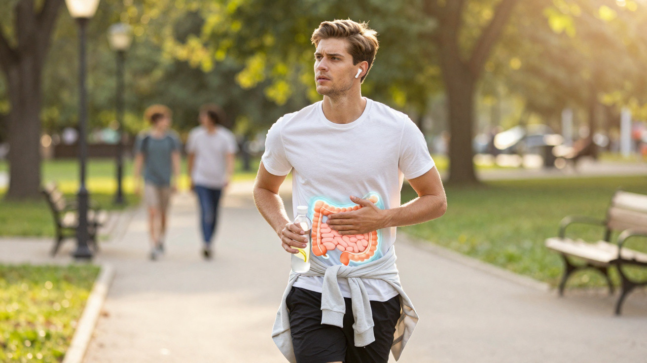 Homem a correr no parque com desenho digital do sistema digestivo visível na barriga.