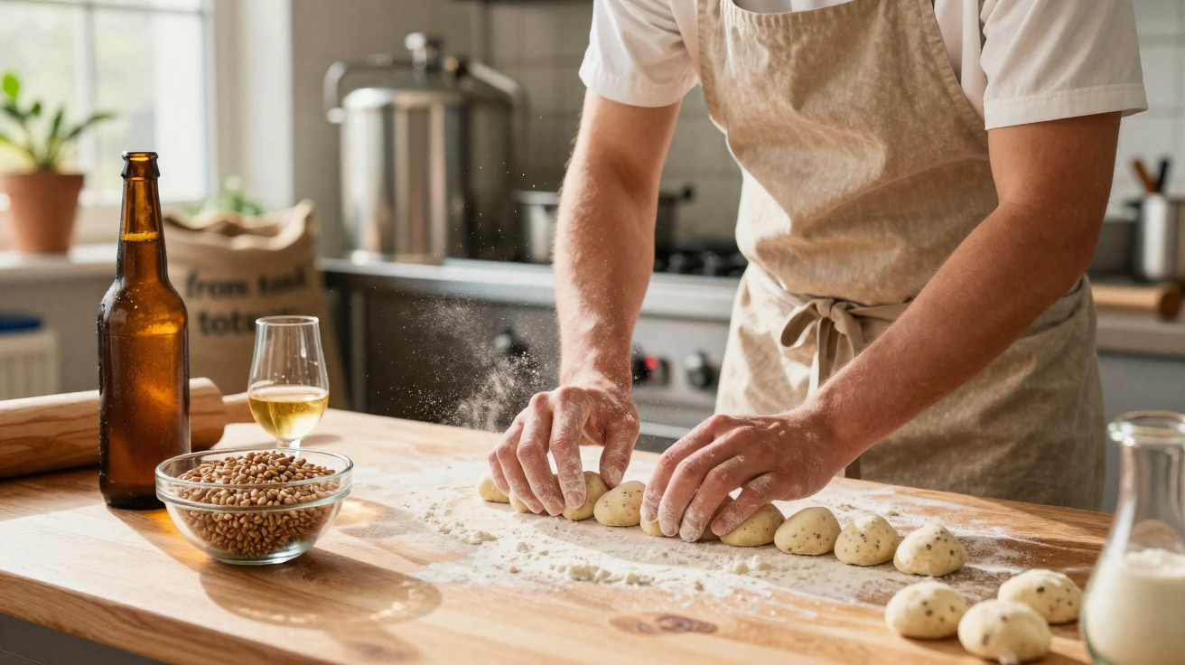 Pessoa a amassar pequenas bolas de massa com sementes sobre uma mesa de madeira numa cozinha.
