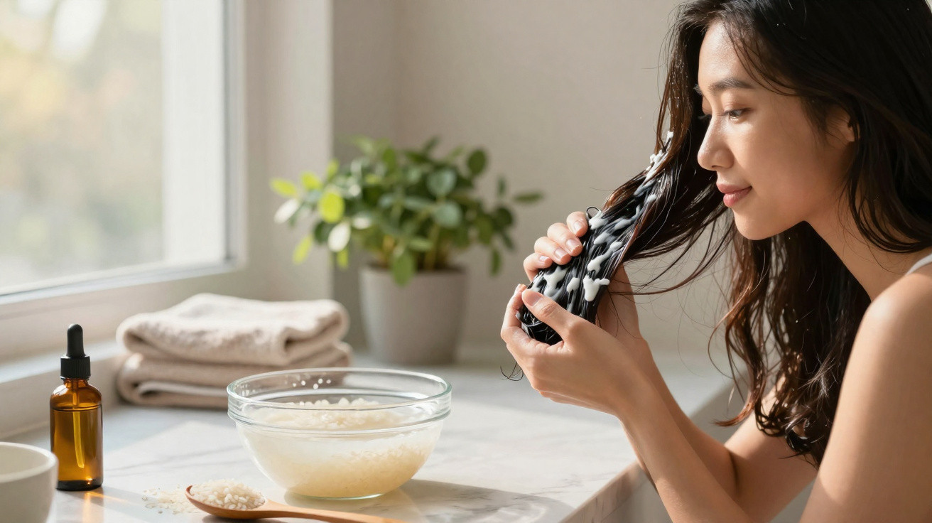 Mulher aplica máscara capilar caseira enquanto está junto a uma janela com luz natural e plantas.