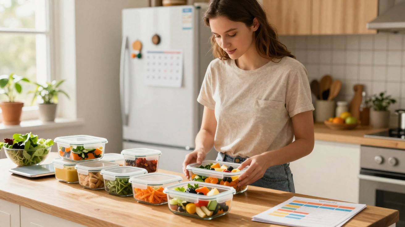 Mulher organiza marmitas com alimentos saudáveis na cozinha moderna, ao lado de gráficos e uma balança.